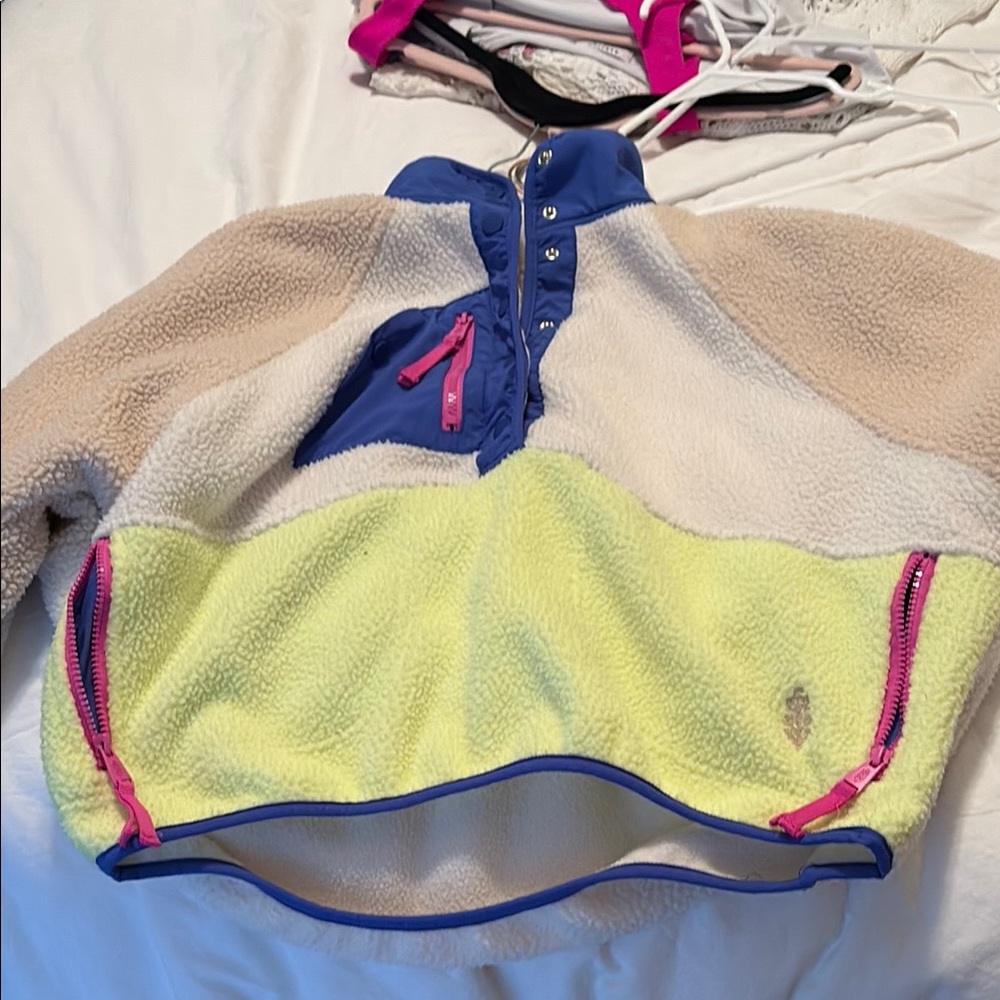 Free People Colorful Fleece Pullover with Pink Accents